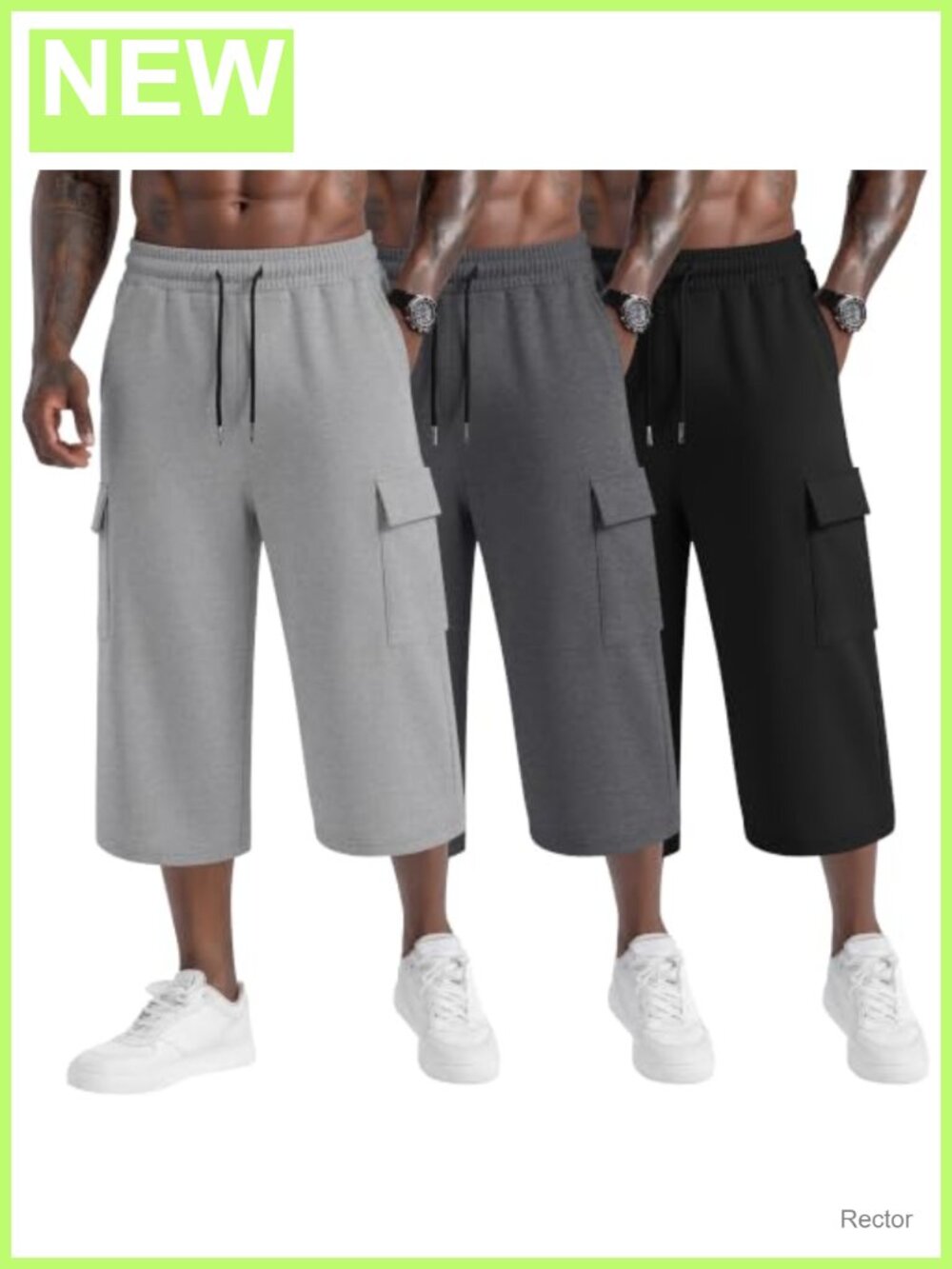 3 Pack Men's Big Tall Capri Cargo Pants Polyester Spandex Elastic Waist